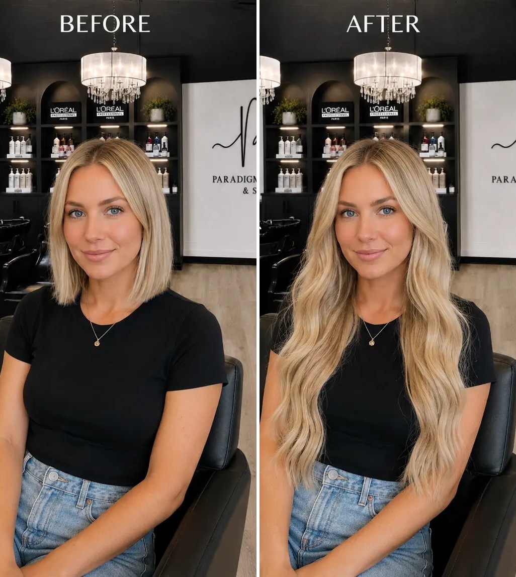 Long, voluminous hair extensions styled at Paradigm Salon
