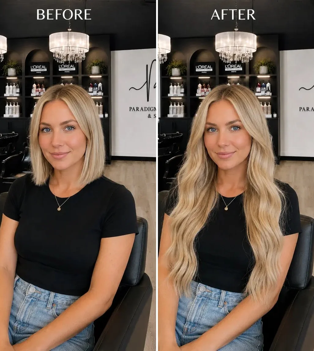 Before and after hair extensions at Paradigm Salon