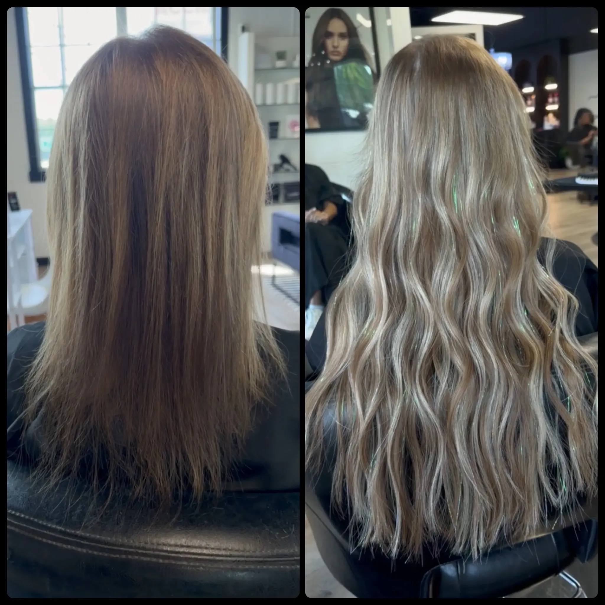Before and after hair extensions at Paradigm Salon