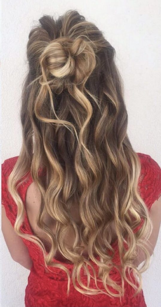 Long hair with half updo and wavy curls